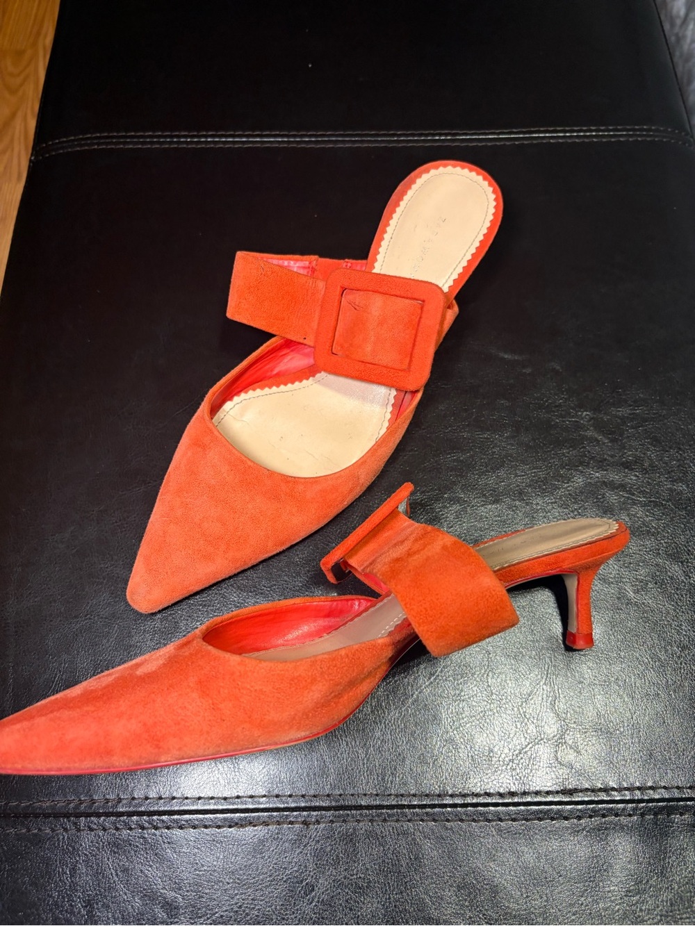 Zara Orange Suede Kitten Heel with Buckle Strap